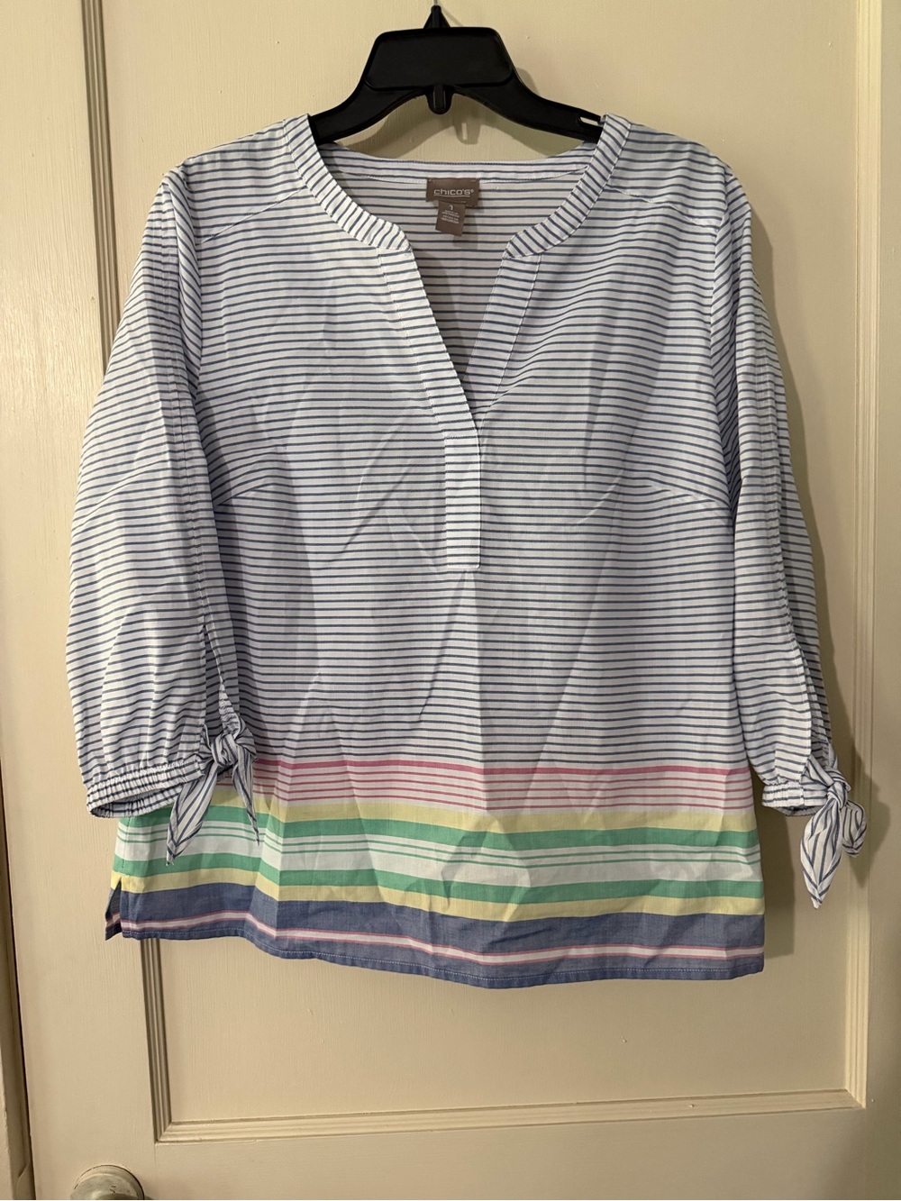 Chico's Striped Popover Tunic - White with Blue, Pink, Green, Yellow